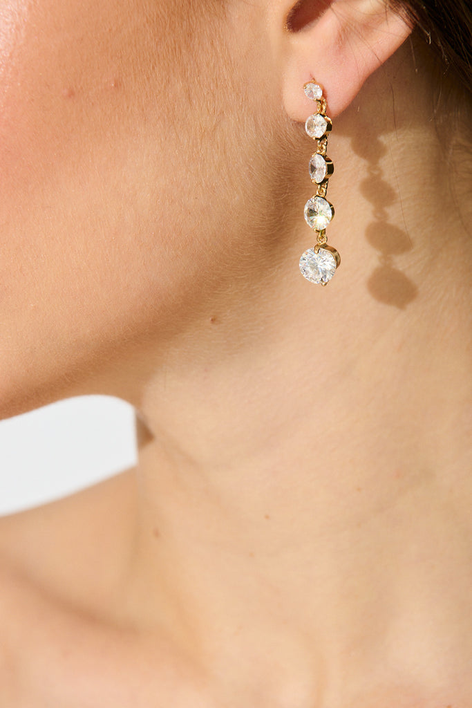 Carlene Drop Earrings in Gold Cubic Zirconia on model close up
