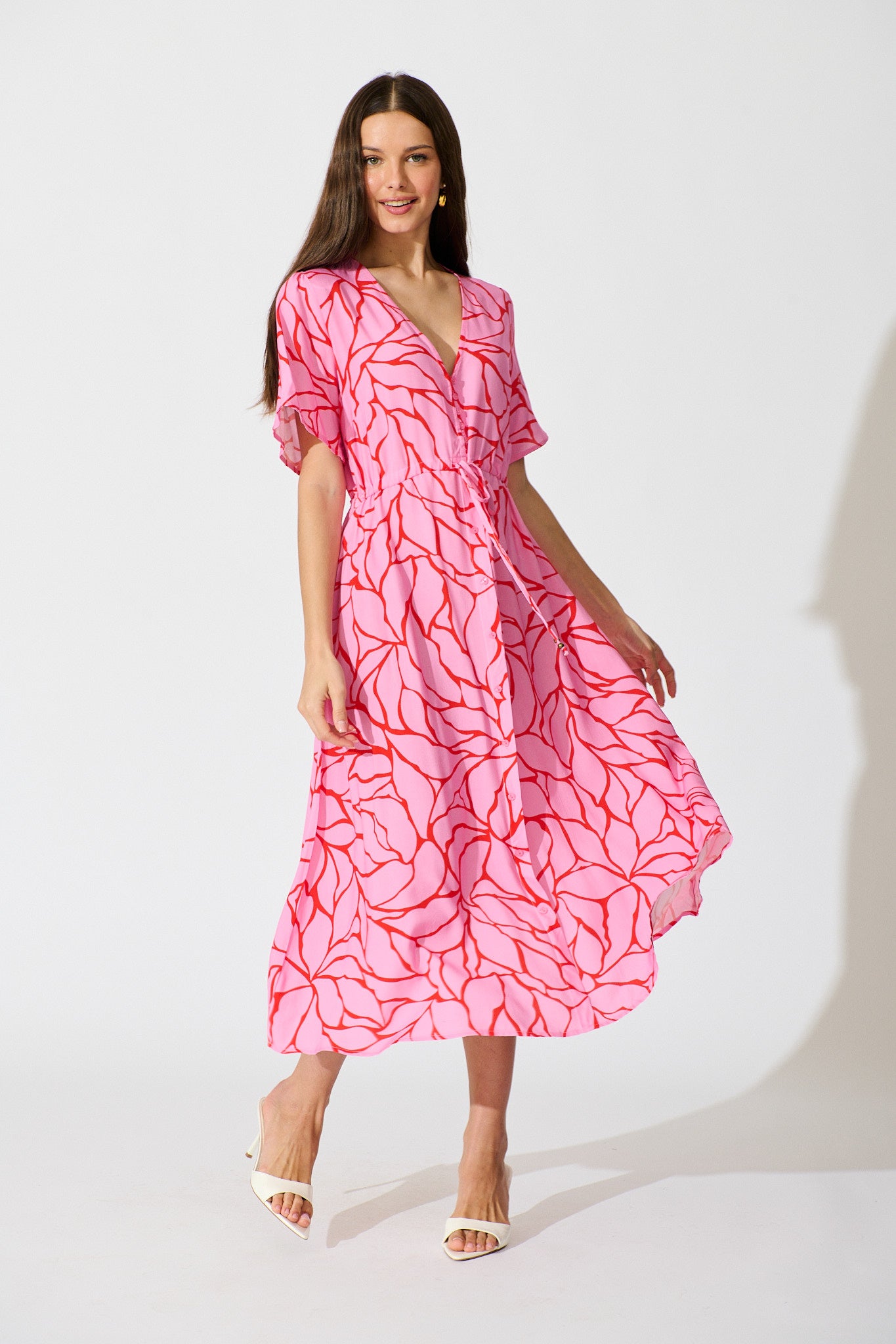 Melody Midi Dress in in Pink Geometric Print full length