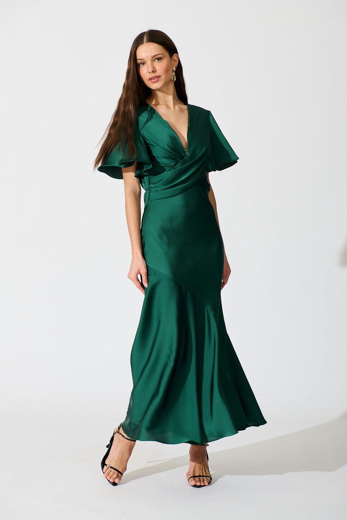 Sunset Serenade Maxi Dress in Emerald Satin full length