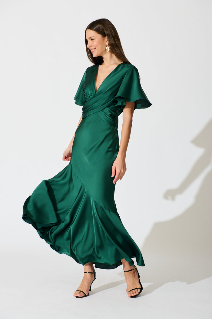 Sunset Serenade Maxi Dress in Emerald Satin side