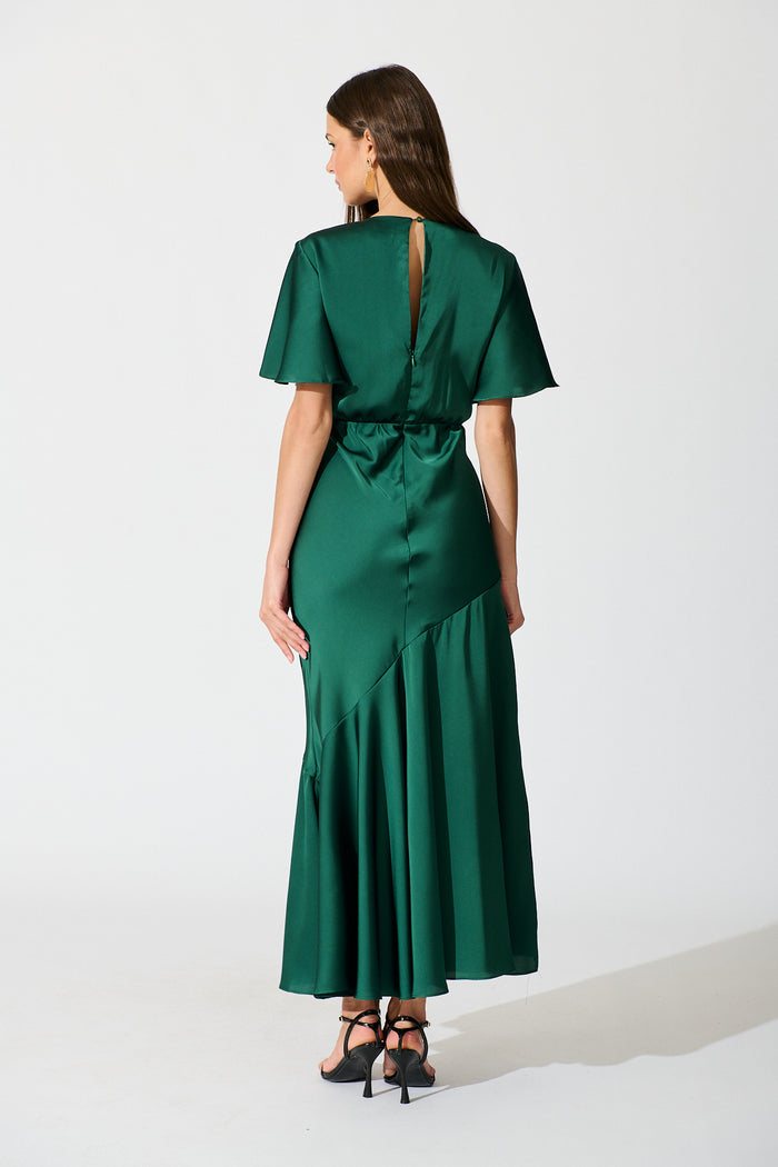 Sunset Serenade Maxi Dress in Emerald Satin back