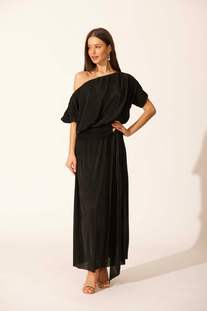 Gena Off Shoulder Maxi Dress in Black Plisse full length