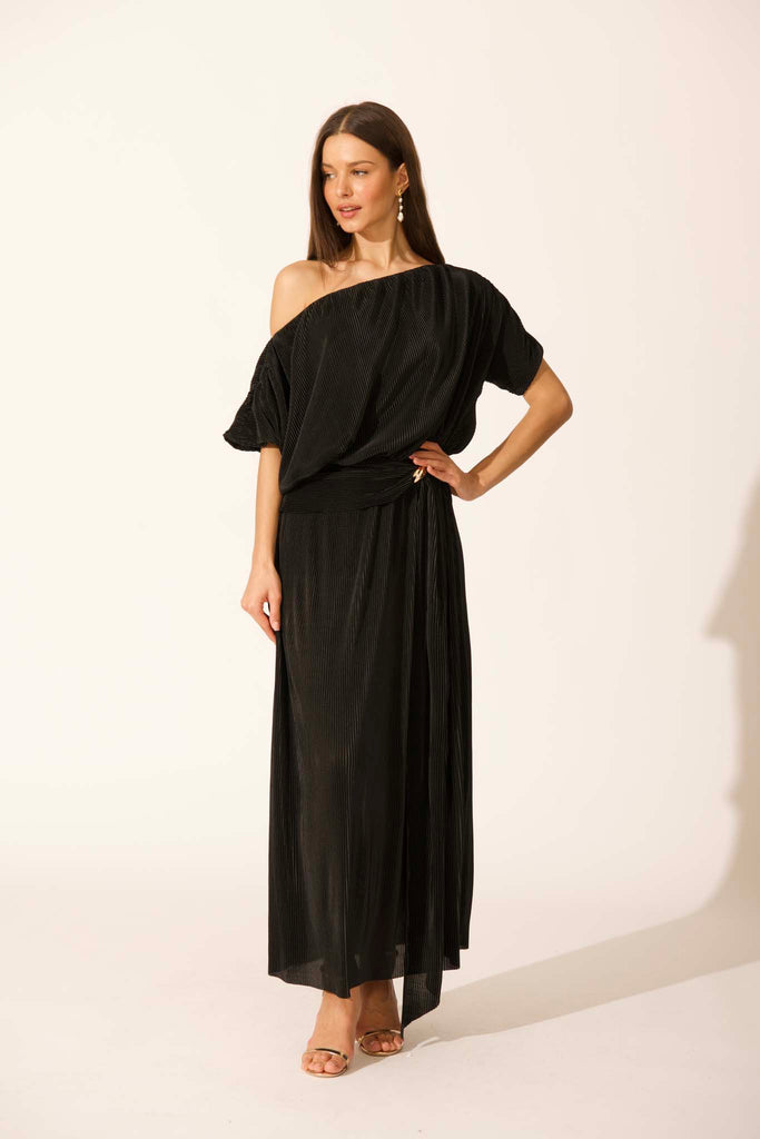 Gena Off Shoulder Maxi Dress in Black Plisse full length