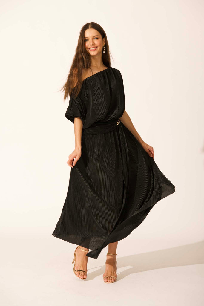 Gena Off Shoulder Maxi Dress in Black Plisse full length