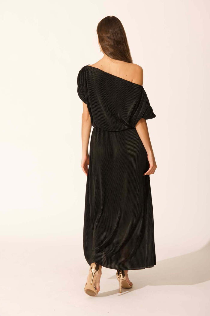 Gena Off Shoulder Maxi Dress in Black Plisse back