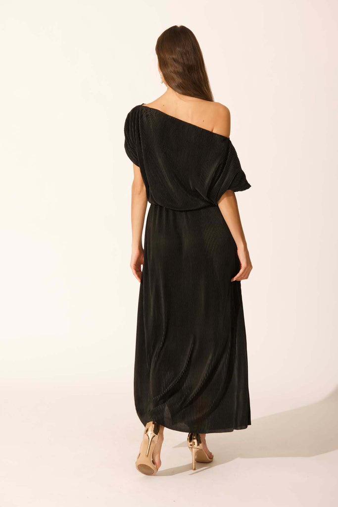 Gena Off Shoulder Maxi Dress in Black Plisse back