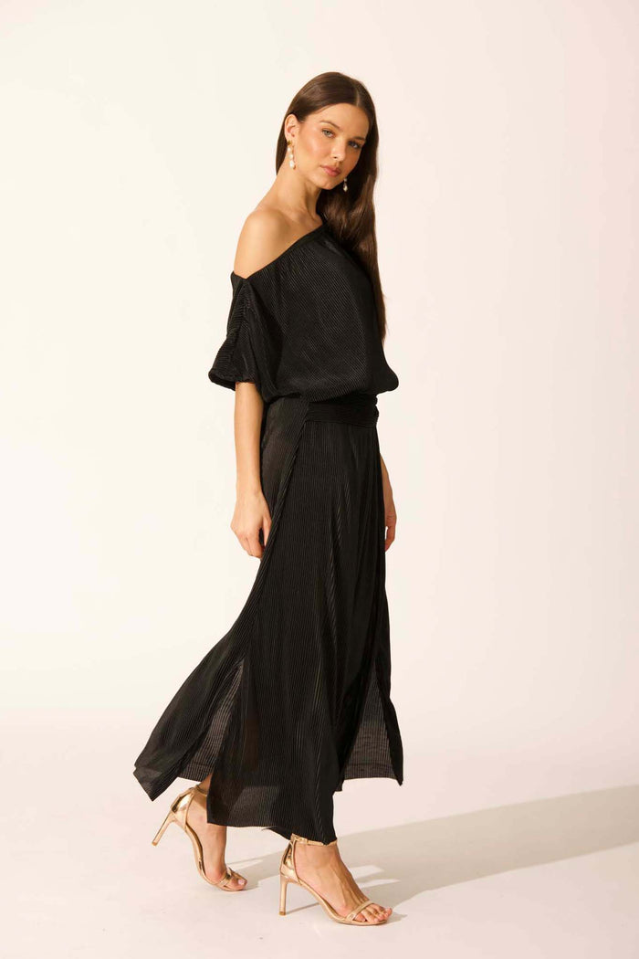 Gena Off Shoulder Maxi Dress in Black Plisse side