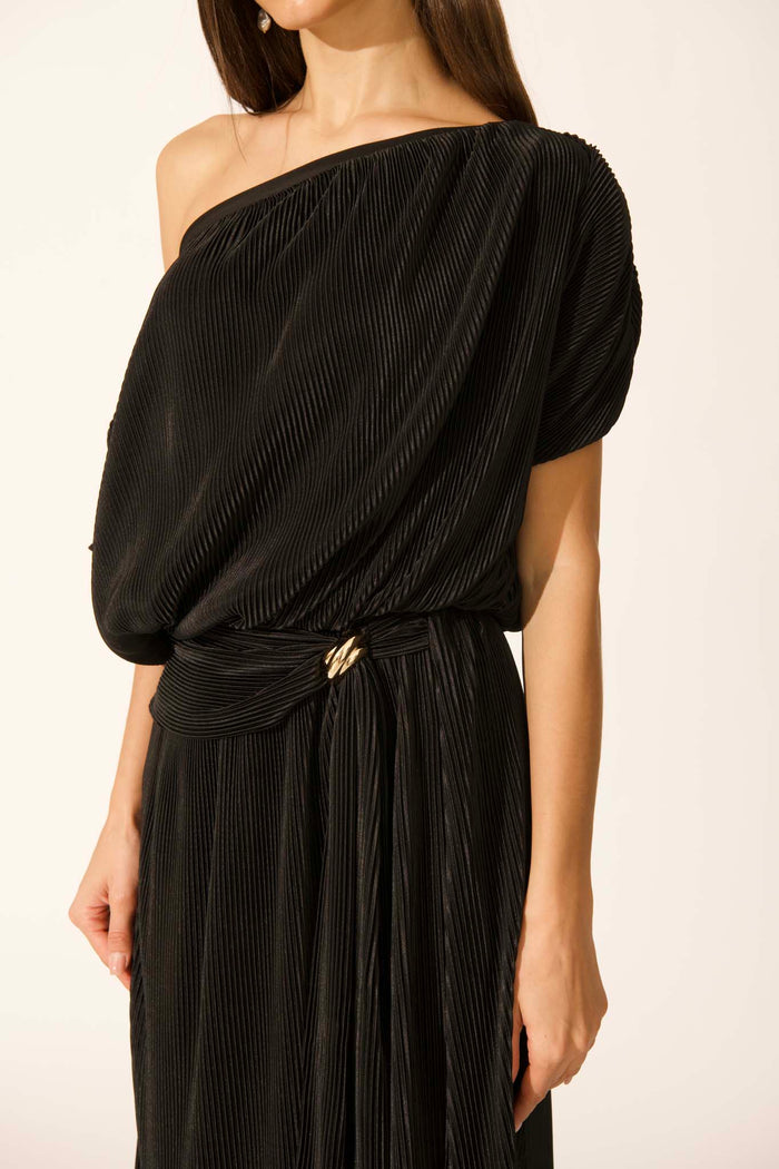 Gena Off Shoulder Maxi Dress in Black Plisse detail