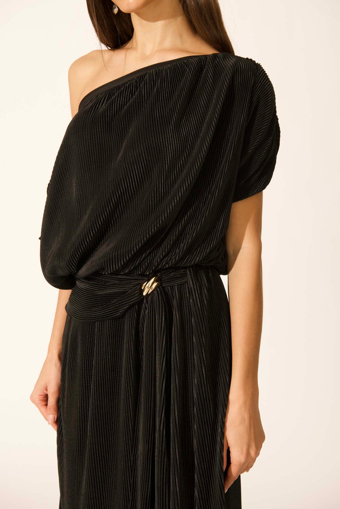 Gena Off Shoulder Maxi Dress in Black Plisse detail