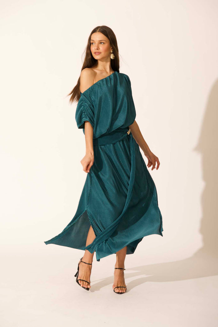Gena Off Shoulder Maxi Dress in Emerald Plisse full length