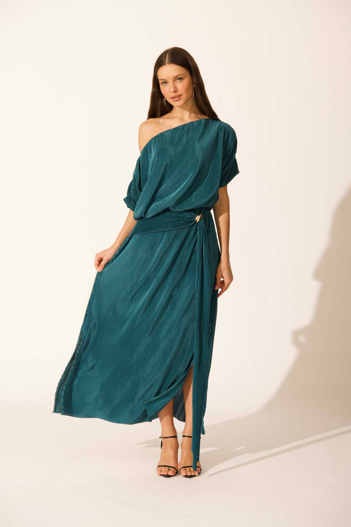 Gena Off Shoulder Maxi Dress in Emerald Plisse full length