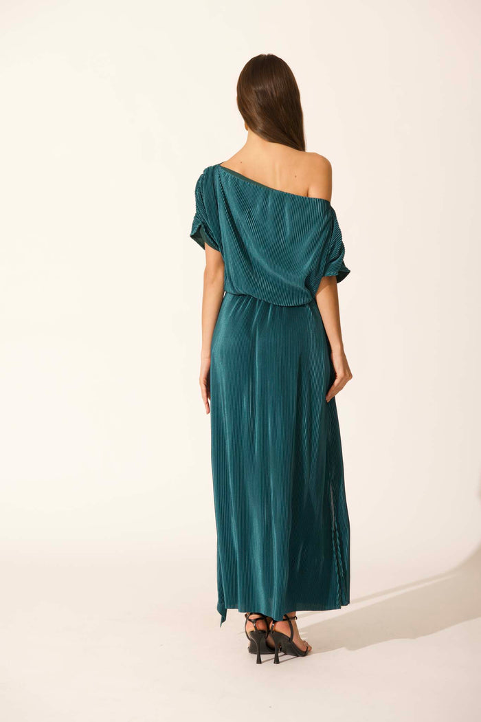 Gena Off Shoulder Maxi Dress in Emerald Plisse back
