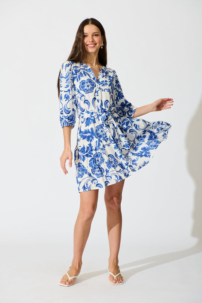 Paisley Dreams Dress in White with Blue Floral full length