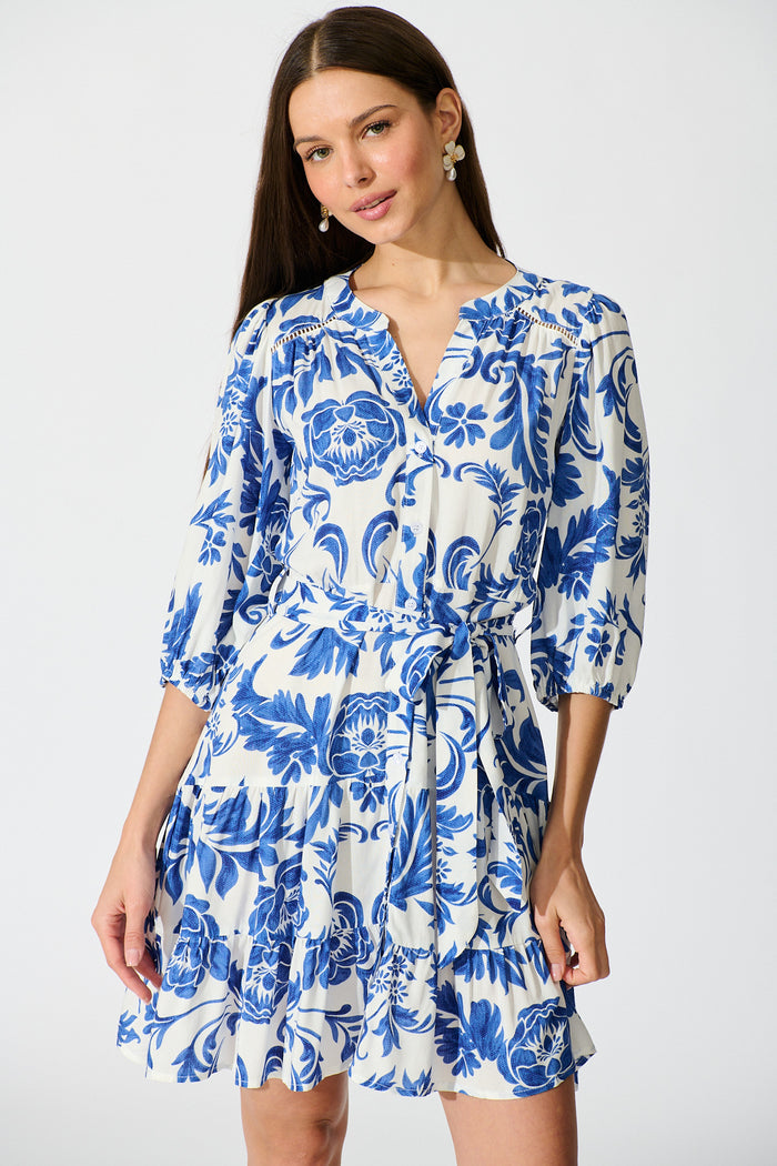 Paisley Dreams Dress in White with Blue Floral front