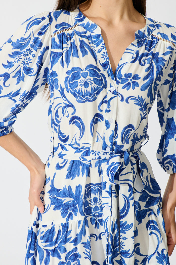 Paisley Dreams Dress in White with Blue Floral detail