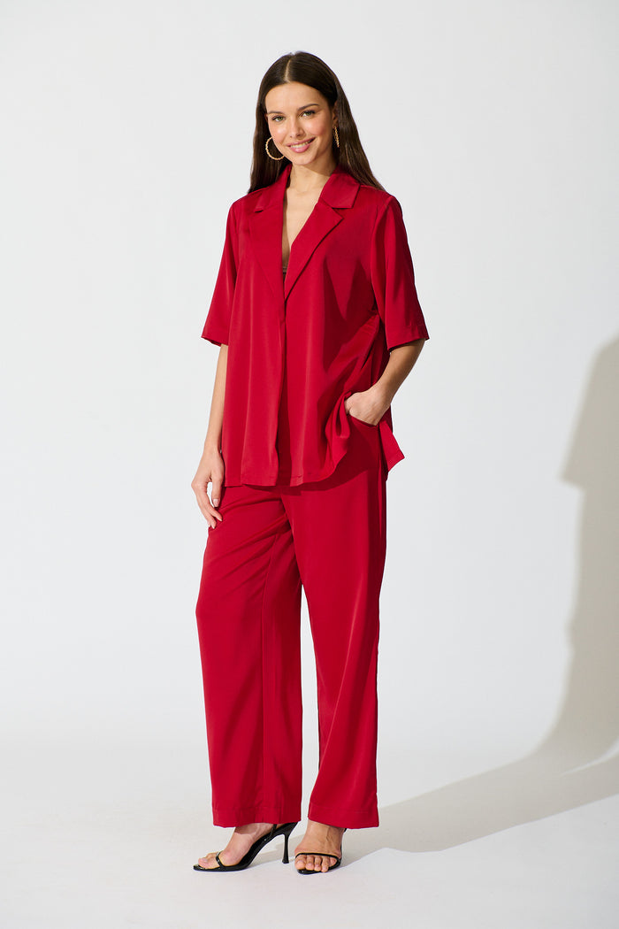 Trena Shirt in Red Satin full length set