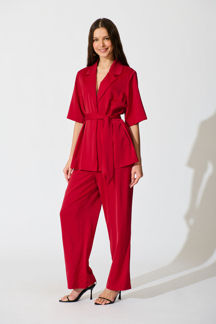 Trena Shirt in Red Satin full length set