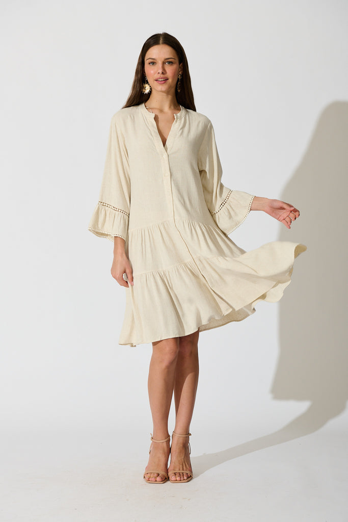 Damela Smock Dress in Oatmeal Linen full length
