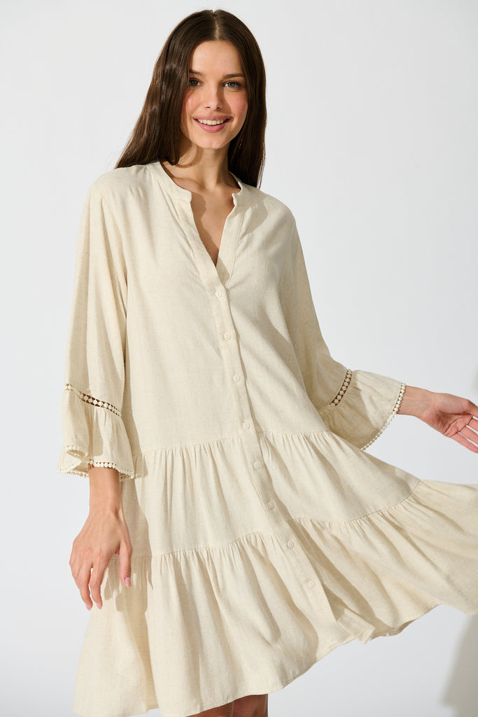 Damela Smock Dress in Oatmeal Linen front