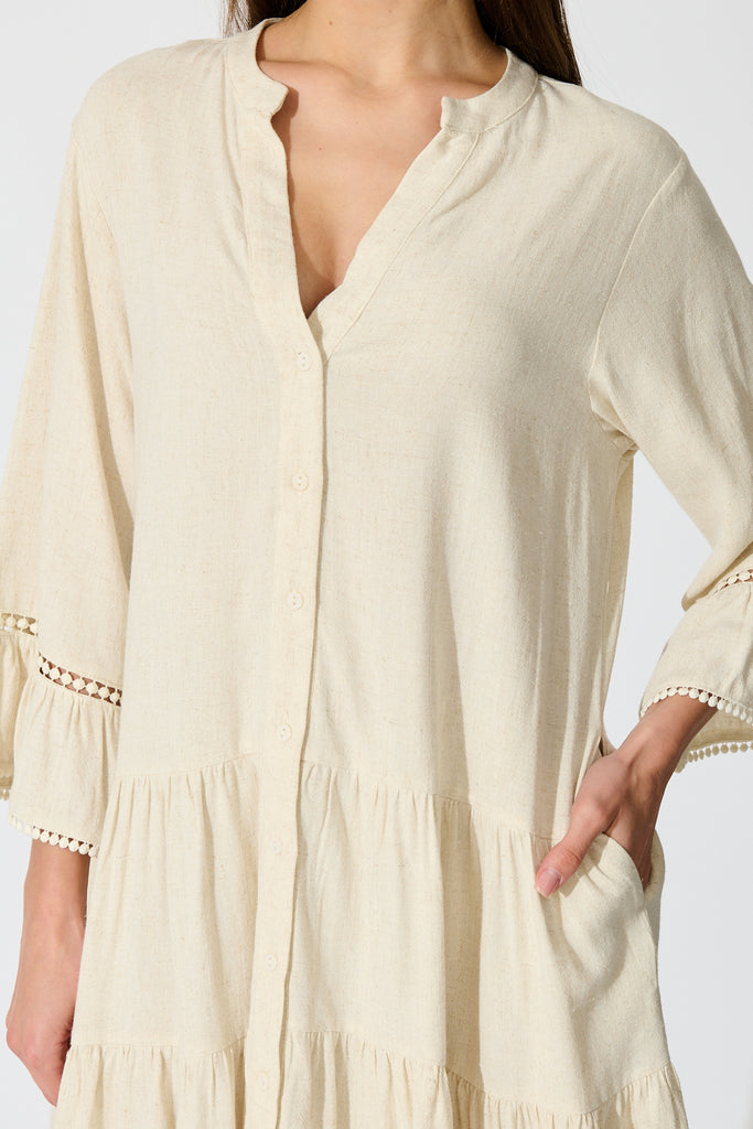 Damela Smock Dress in Oatmeal Linen detail