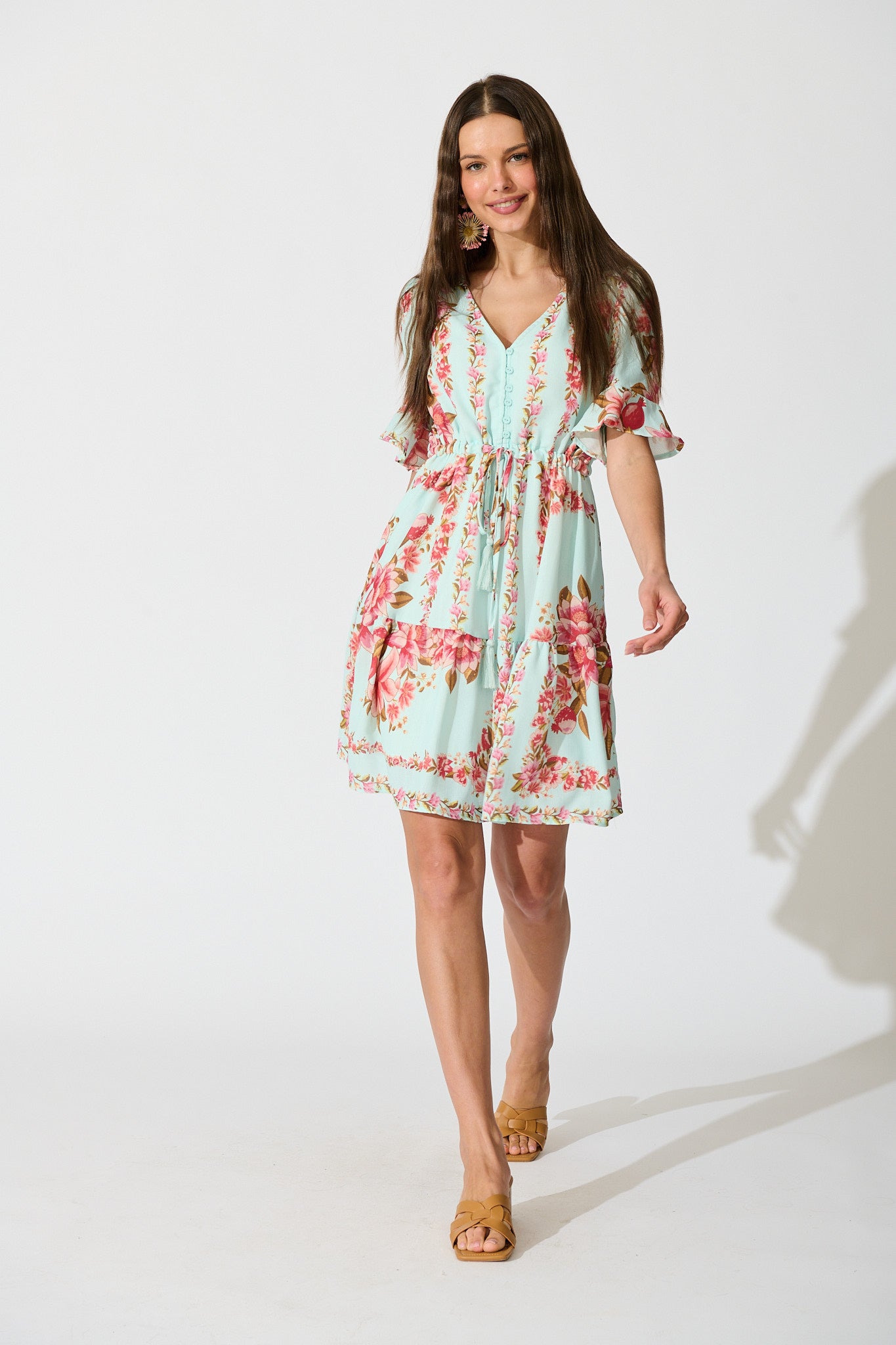 Makena Dress in Blue with Pink Floral Cotton Blend full length
