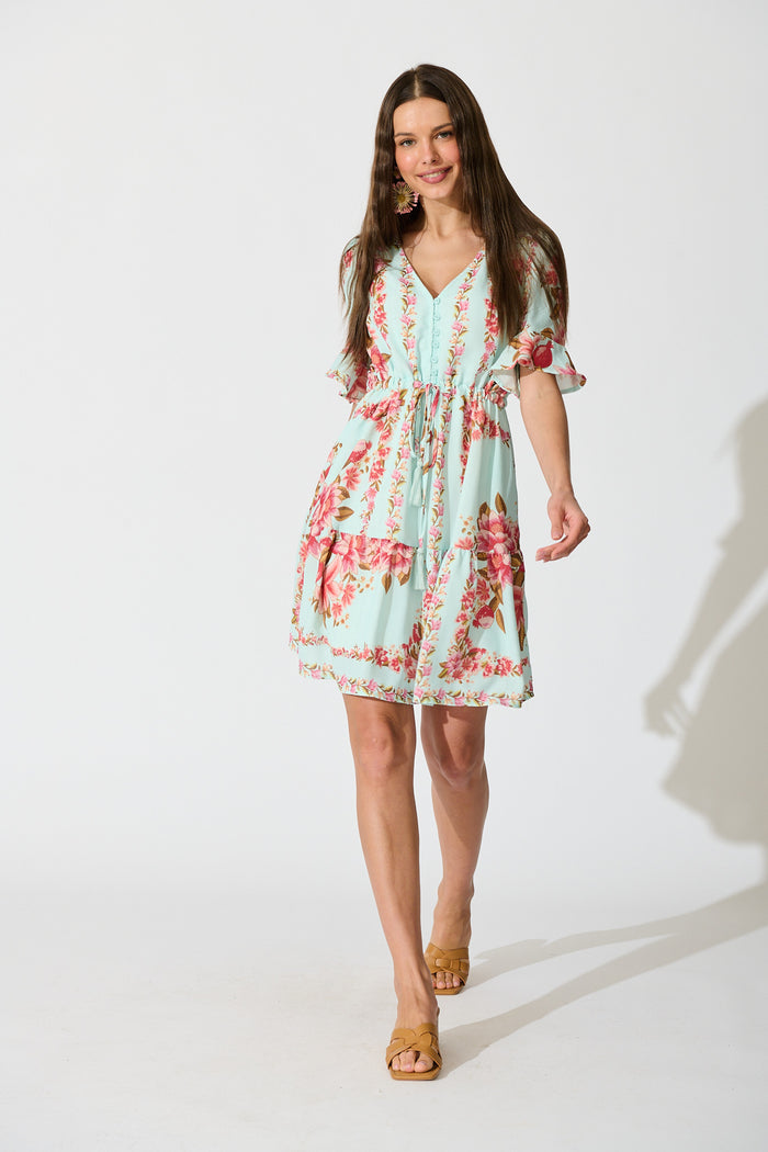 Makena Dress in Blue with Pink Floral Cotton Blend full length