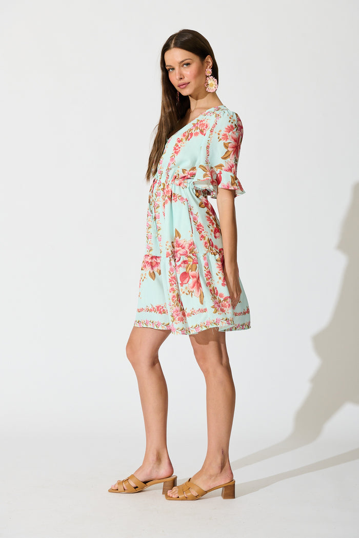 Makena Dress in Blue with Pink Floral Cotton Blend side