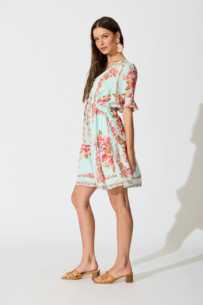 Makena Dress in Blue with Pink Floral Cotton Blend side