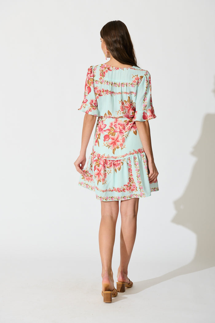 Makena Dress in Blue with Pink Floral Cotton Blend back