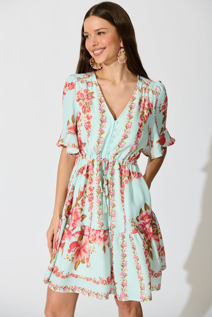 Makena Dress in Blue with Pink Floral Cotton Blend front