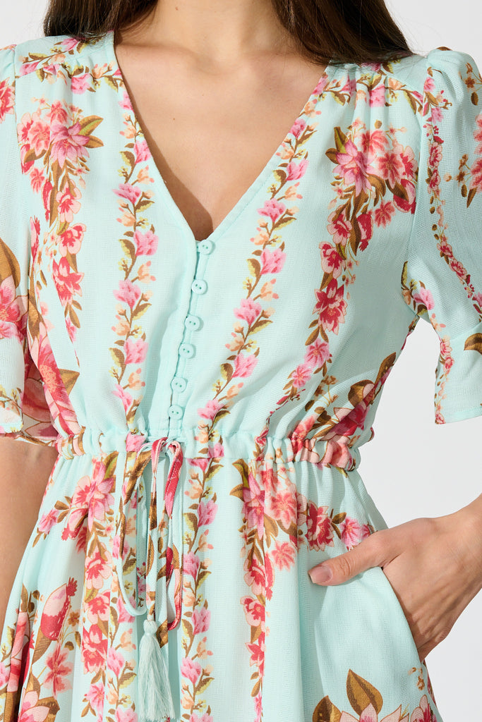 Makena Dress in Blue with Pink Floral Cotton Blend detail