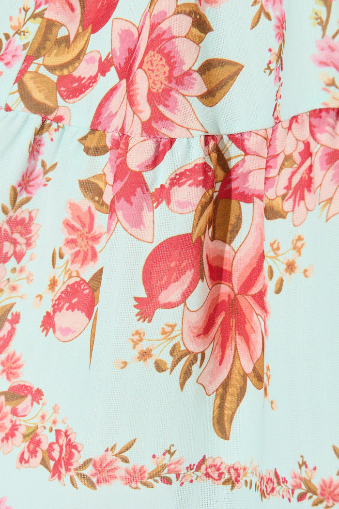Makena Dress in Blue with Pink Floral Cotton Blend fabric
