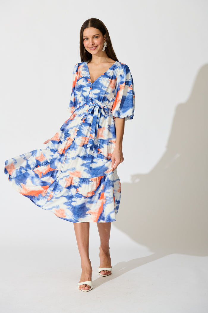 Mirana Midi Dress in Blue and White Watercolour full length