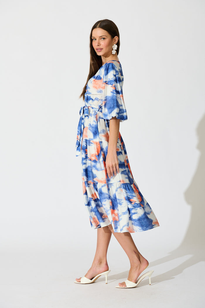 Mirana Midi Dress in Blue and White Watercolour side