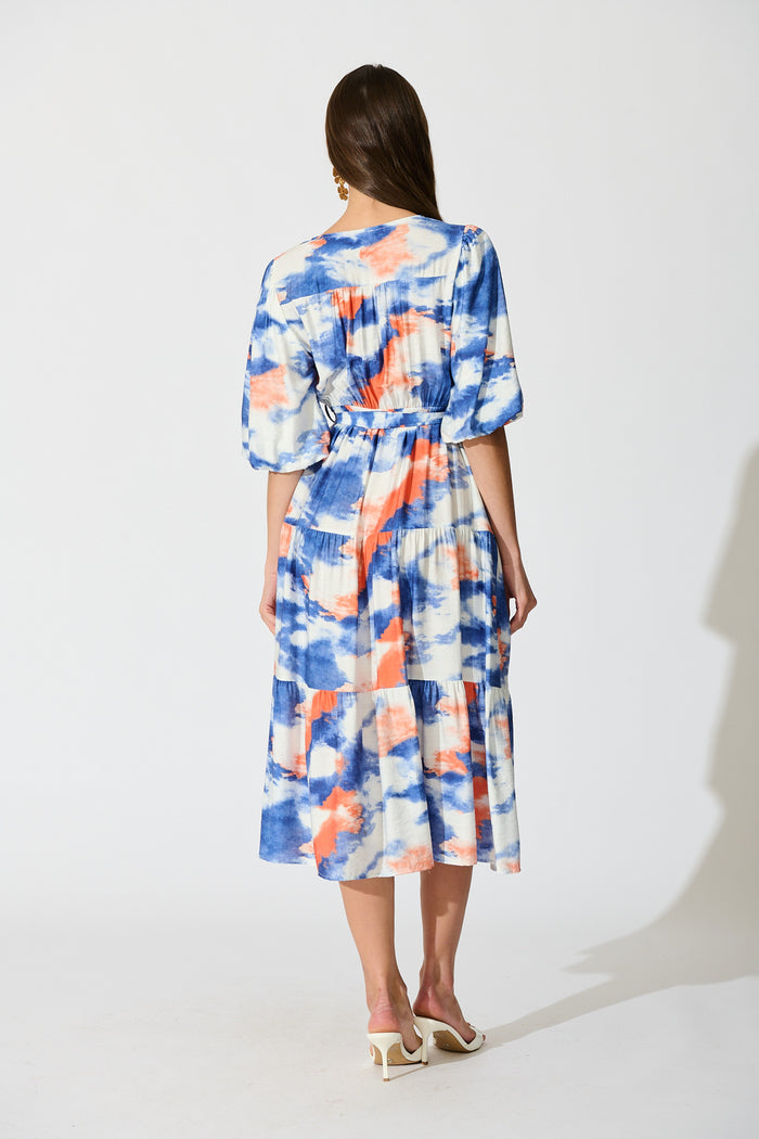 Mirana Midi Dress in Blue and White Watercolour back