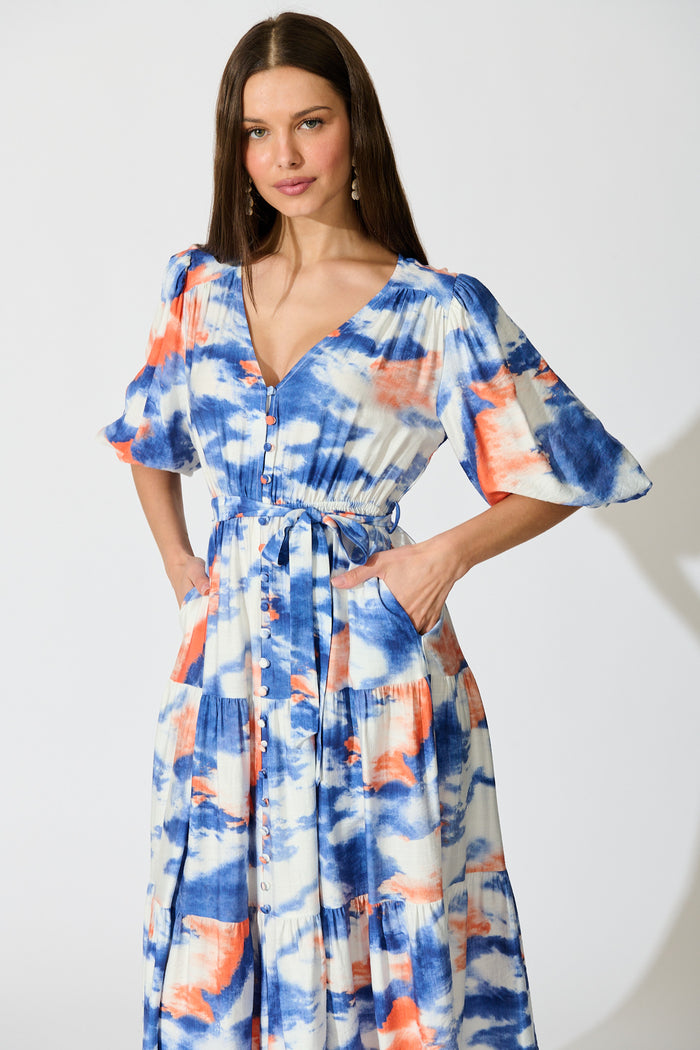 Mirana Midi Dress in Blue and White Watercolour front