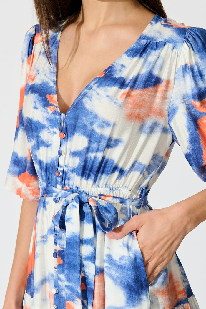 Mirana Midi Dress in Blue and White Watercolour detail