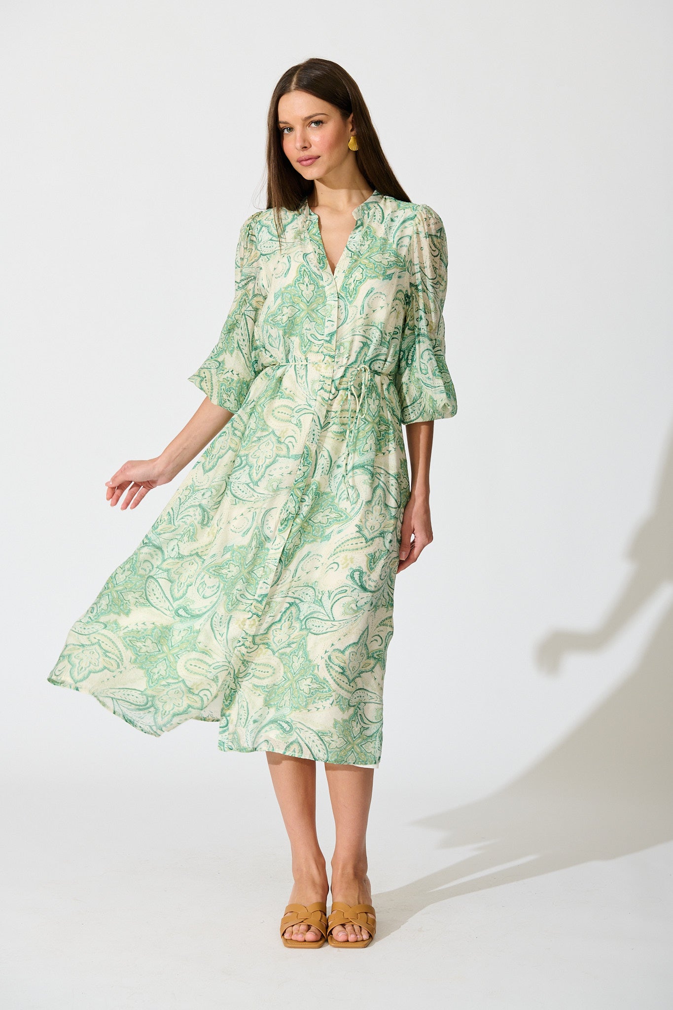 Halona Midi Dress in Green with Paisley Print full length