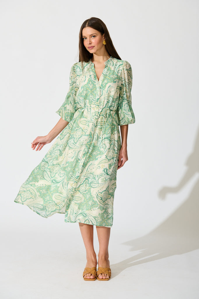 Halona Midi Dress in Green with Paisley Print full length