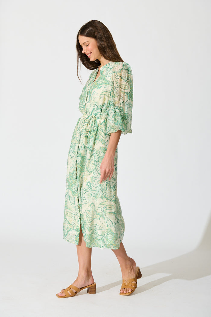 Halona Midi Dress in Green with Paisley Print side