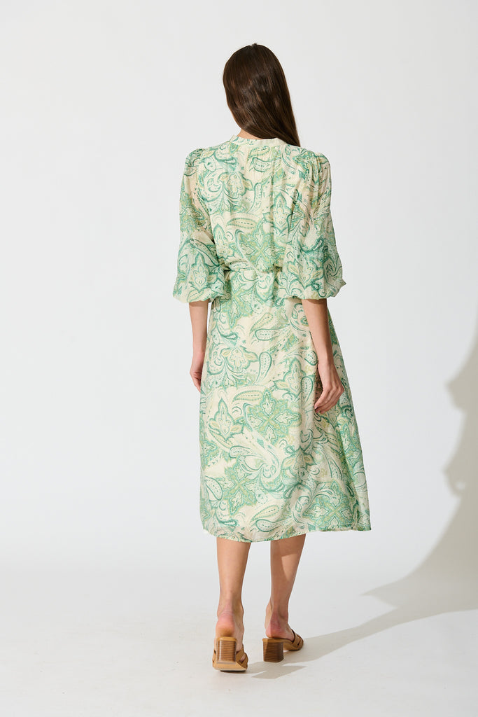 Halona Midi Dress in Green with Paisley Print back