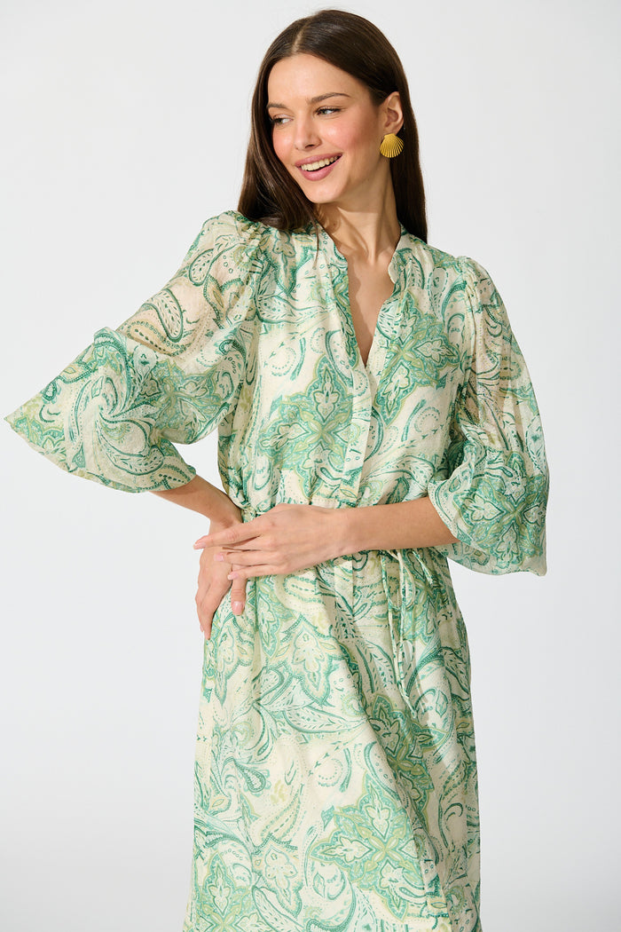 Halona Midi Dress in Green with Paisley Print front