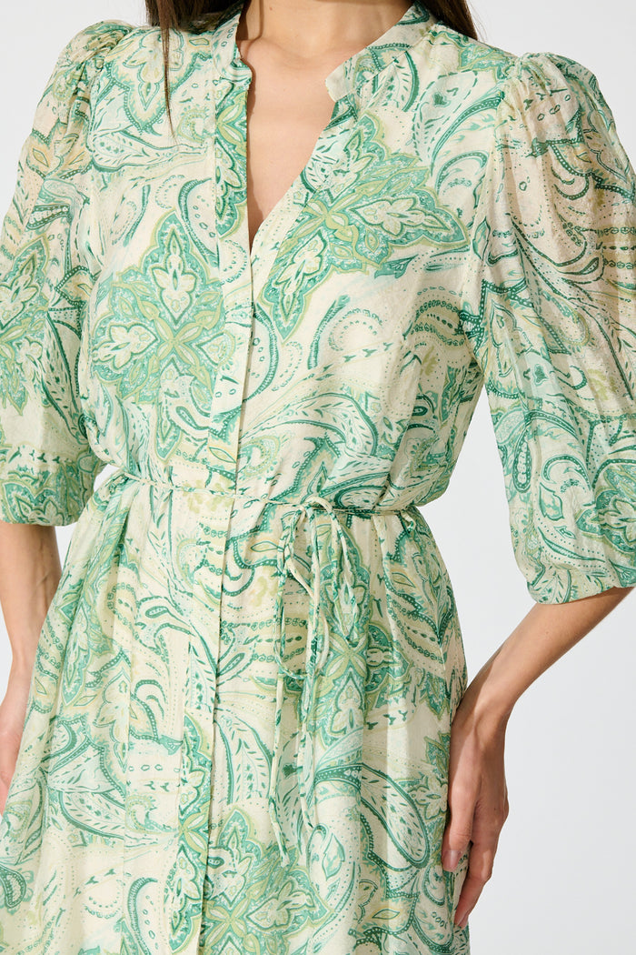 Halona Midi Dress in Green with Paisley Print detail