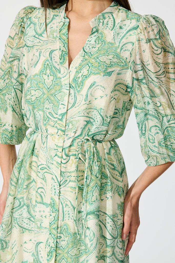 Halona Midi Dress in Green with Paisley Print detail