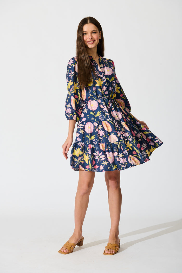 Elina Dress in Navy with Multi Floral full length