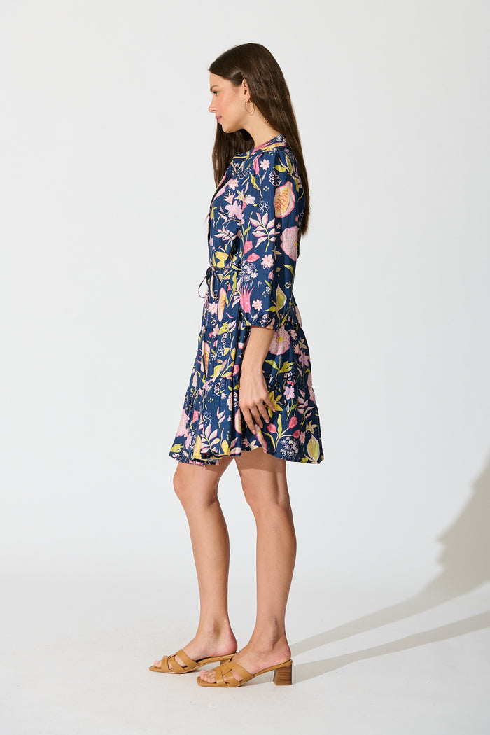 Elina Dress in Navy with Multi Floral side