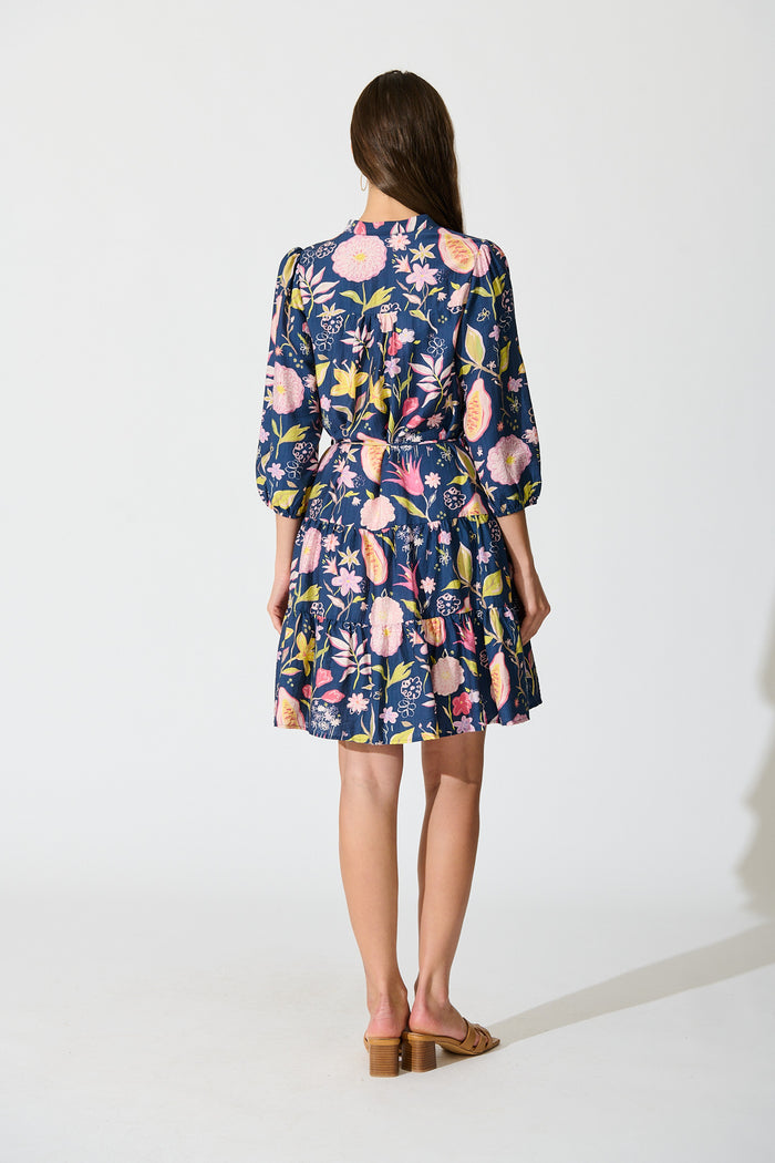 Elina Dress in Navy with Multi Floral back