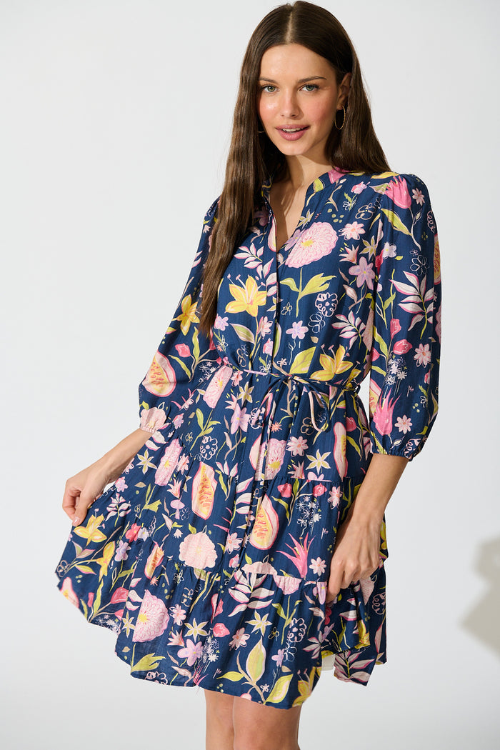 Elina Dress in Navy with Multi Floral front