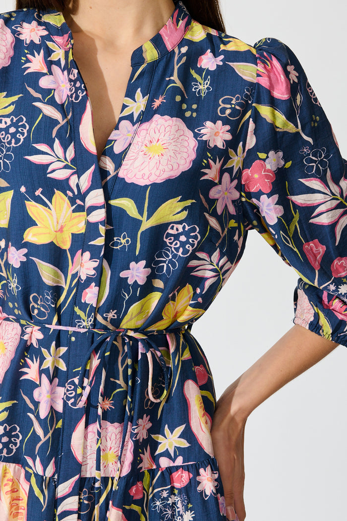Elina Dress in Navy with Multi Floral detail