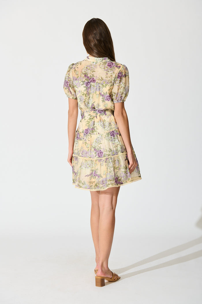 Sorelle Dress in Soft Yellow with Lilac Floral back